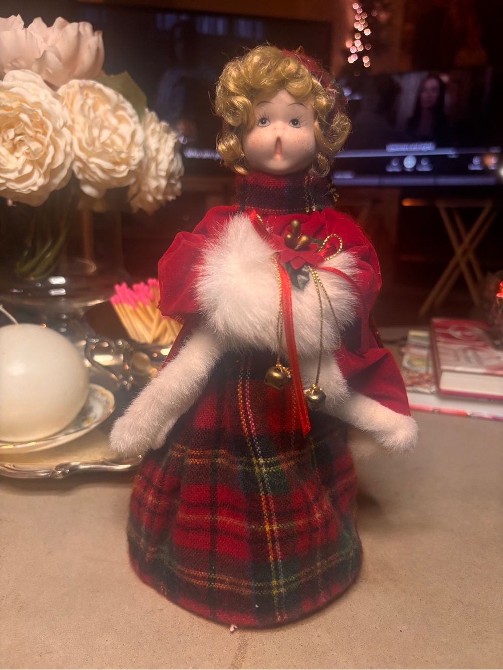 Christmas Tree Topper Doll 10” Red Plaid Velvet Faux Fur Victorian Holiday Decor